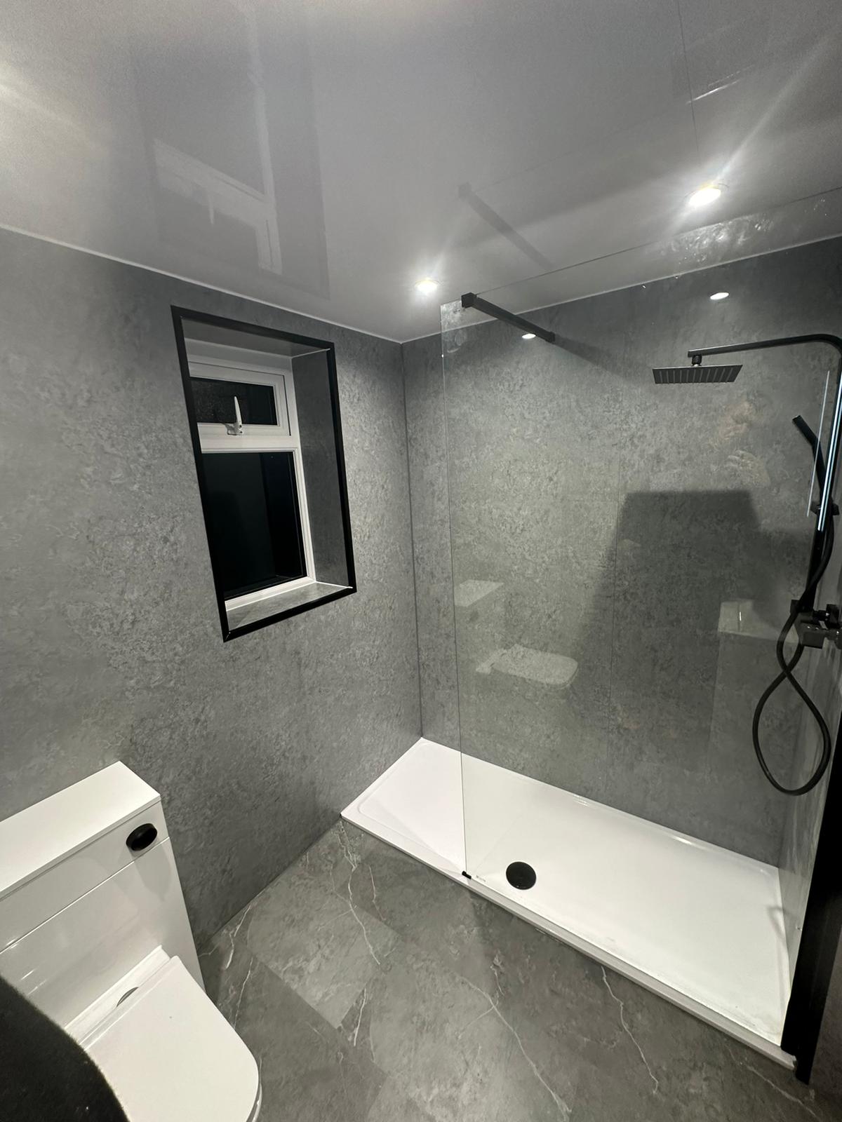 Finished bathroom using Grey Stone panels